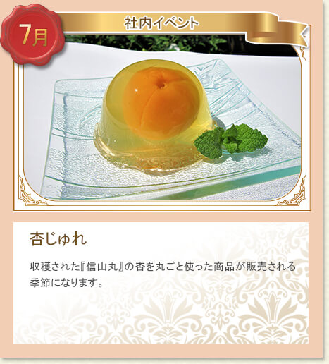 7月社内イベント：杏じゅれ：収穫された『信山丸』の杏を丸ごと使った商品が販売される季節になります。